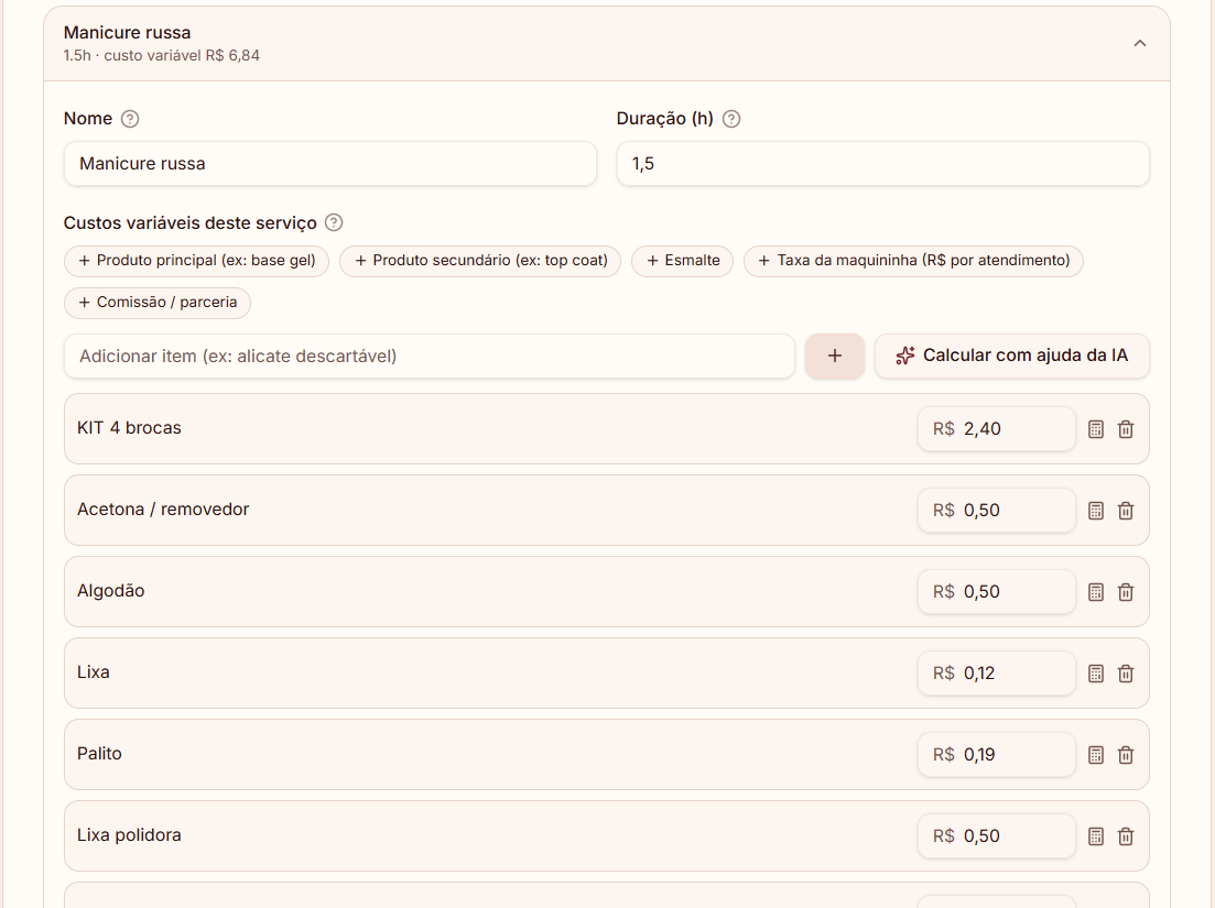 Tela de cadastro de insumos com itens e custos por unidade